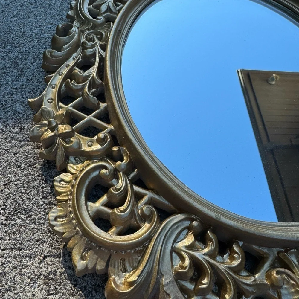 Mid-Century Hollywood Regency Gold Ornate Mirror Wood Floral Velvet Back 18x14”